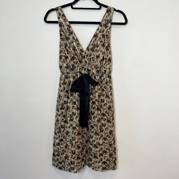 BCBGMAXAZRIA Silk Leopard V-Neck Fit & Flare Dress Brown 2 Tie Waist Y2K 90s VTG - Picture 1 of 9